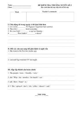 Đề kiểm tra thường xuyên số 3 Tiếng anh lớp 7